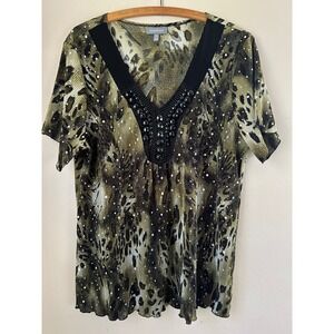 y2k Essentials Leopard Print‎ Beaded Top Plus Womens 1X Sequins IndieSleeze